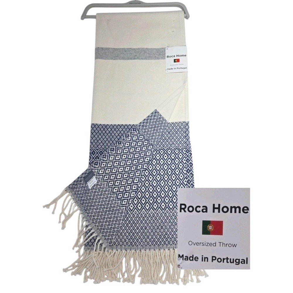 Roca Home Boho Coastal Throw Blanket 50x67 Ivory Cotton Woven Made in Portugal